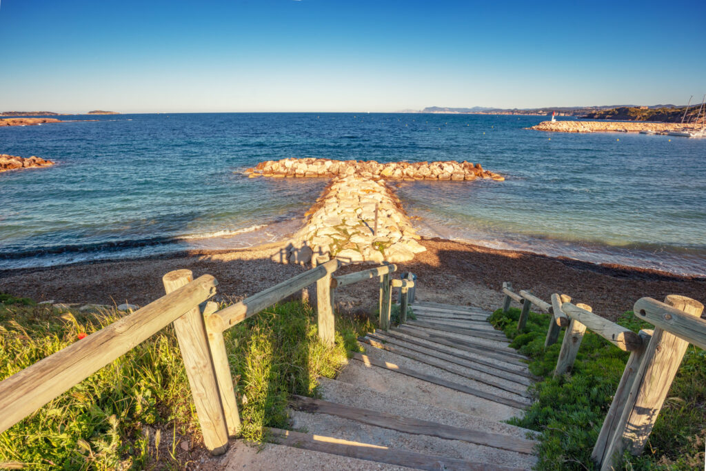 seascape on a cloudy day. descent to coudouliere beach (six fours les plages), france europe